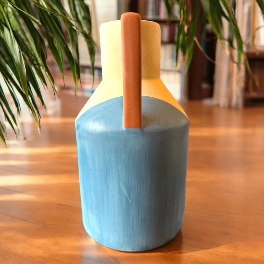 COCOLORIST Ceramic Vase w/ Handles Blue Yellow Cream - Handmade